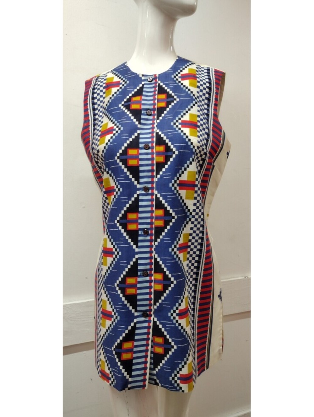 Alex Coleman Geometric Mini Dress Blue Tribal Sleeveless Top Cotton Belted M/L